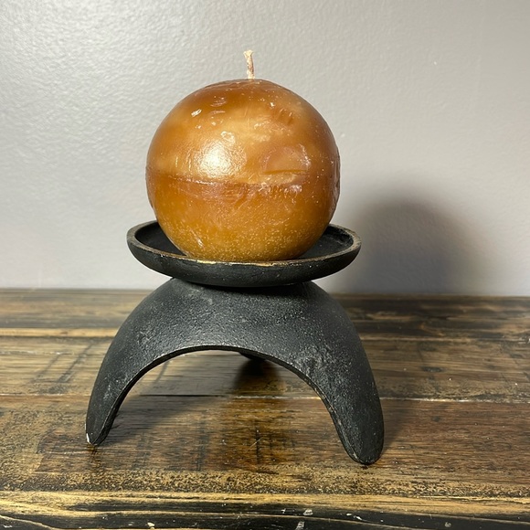 Heavy duty cast iron candle holder black.  Candle not included gold accents MCM - Picture 3 of 11